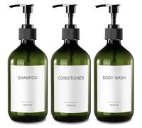Gmisun Distributeur de savon vert, 500 ml, distributeur de shampooing et d'après-shampoing en plastique avec pompe et étiquettes, distributeurs de savon rechargeables pour gel douche, salle de bain, 3