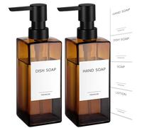 GMISUN Lot de 2 distributeurs de savon à main en verre ambré pour salle de bain, cuisine, distributeur de liquide vaisselle rechargeable avec étiquettes, flacon pompe de lavage à la main