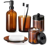 GMISUN Lot de 5 accessoires de salle de bain en verre ambré, distributeur de savon marron et porte-brosse à dents, comptoir d'évier de salle de bain avec étiquettes, décoration de salle de bain