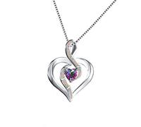 GMJGCIRVC Colliers avec pendentif d'amour en opale de feu bleu blanc pour femmes, bijoux de mariage, collier en argent avec cœur en pierre arc-en-ciel, fabriqué en chine