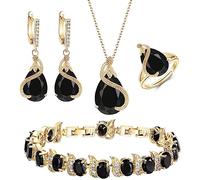 GMJGCIRVC Ensemble de Bijoux pour Femmes Bijoux Noirs Zircone Cubique Scintillante Collier en Forme de Larme Boucle d'oreille Bracelet Bague Ensembles pour Femmes Anniversaire s 4 PCS