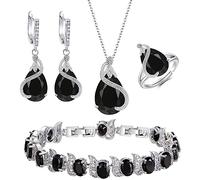 GMJGCIRVC Ensemble de Bijoux pour Femmes Bijoux Noirs Zircone Cubique Scintillante Collier en Forme de Larme Boucle d'oreille Bracelet Bague Ensembles pour Femmes Anniversaire s 4 PCS