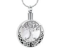 GMLRTOSPT Bijou funéraire en Forme d'arbre de Vie pour Cendres, Pendentif en Coquillage d'ormeau, Collier urne commémorative Rond en Acier Inoxydable, Souvenir personnalisé - Blanc