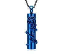GMLRTOSPT Collier d’urne en Fleur de Rose pour Cendres pour Hommes Bijoux de crémation Pendentif en Cendres cylindriques Médaillons en Acier Inoxydable en Souvenirs - Bleu