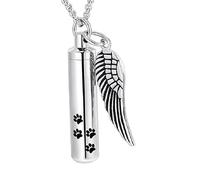 GMLRTOSPT Collier urne cylindrique avec Empreinte de Patte et breloque Aile d'ange pour Chien/Chat, Souvenir funéraire, Pendentif pour Cendres d'animaux de Compagnie - Argent