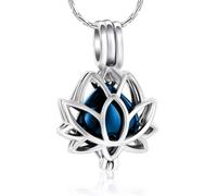 GMLRTOSPT Collier urne funéraire en Forme de Fleur de Lotus évidée pour Cendres, Pendentif Souvenir, Cadeau commémoratif funéraire, Argent et Bleu