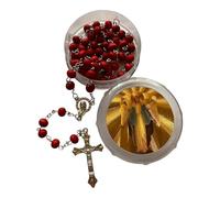 GMM Couronne du chapelet en bois avec grains rouges, croix en métal et étui décoré avec image sacrée, Taglia Unica, bois, métal, plastique, Aucune pierre précieuse.