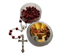 GMM Couronne du chapelet en bois avec grains rouges, croix en métal et étui décoré avec image sacrée, Taglia Unica, bois, métal, plastique, Aucune pierre précieuse.