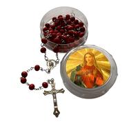 GMM Couronne du chapelet en bois avec grains rouges, croix en métal et étui décoré avec image sacrée, Taglia Unica, bois, métal, plastique, Aucune pierre précieuse.