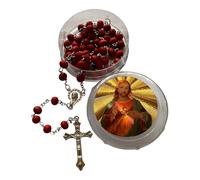 GMM Couronne du chapelet en bois avec grains rouges, croix en métal et étui décoré avec image sacrée, Taglia Unica, bois, métal, plastique, Aucune pierre précieuse.