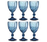GMMH Lot de 6 verres à vin vintage colorés avec gaufrage (nœud/bleu/250 ml) pour mariage, flûtes à champagne, carafe, bol à dessert, verre à boire, verre à vin, verre à eau, verre à champagne