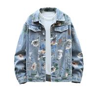 GMOYD Veste en jean surdimensionnée pour homme Imprimé floral Unisexe, bleu, Medium