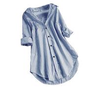 GMQWRK Chemise rayée tendance boutonnée à manches longues avec poche et ourlet incurvé pour femme - Mini robe d'automne décontractée à col ample - Tailles S à 5XL, bleu clair, XL