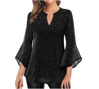 GMQWRK Chemisier habillé à manches cloches 3/4 pour femme - Col en V - Manches en maille transparente - Chemisier de travail à double couche - Tunique d'été d'automne - Tenue décontractée, Noir , XL