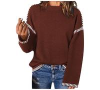 GMQWRK Pull en tricot élégant pour femme - Couleur contrastée - Patchwork - Épaules tombantes - Col rond - Pull en tricot décontracté à manches longues - Hauts d'automne - Chemises de sortie en tricot