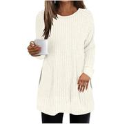 GMQWRK Pull en tricot tendance à manches longues et col rond pour femme - Coupe ample - Texturé - Tunique longue pour leggings - Chemises de sortie, blanc, L