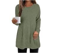 GMQWRK Pull en tricot tendance à manches longues et col rond pour femme - Coupe ample - Texturé - Tunique longue pour leggings - Chemises de sortie, Vert, M