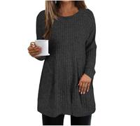 GMQWRK Pull en tricot tendance à manches longues et col rond pour femme - Coupe ample - Texturé - Tunique longue pour leggings - Chemises de sortie, Noir , XL