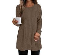 GMQWRK Pull en tricot tendance à manches longues et col rond pour femme - Coupe ample - Texturé - Tunique longue pour leggings - Chemises de sortie, marron, XXL