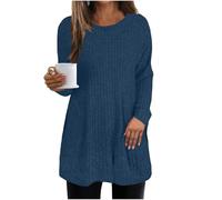 GMQWRK Pull en tricot tendance à manches longues et col rond pour femme - Coupe ample - Texturé - Tunique longue pour leggings - Chemises de sortie, bleu marine, S