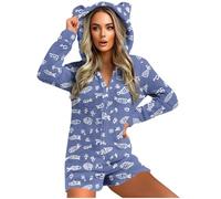 GMQWRK Pyjama à capuche en polaire pour femme - Avec oreilles d'ours - Avec fermeture éclair intégrale - Avec poches - Doux et confortable - Manches longues - Tenue de détente, Style 06_bleu, S