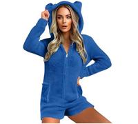 GMQWRK Pyjama à capuche en polaire pour femme - Avec oreilles d'ours - Avec fermeture éclair intégrale - Avec poches - Doux et confortable - Manches longues - Tenue de détente, Style 01_bleu, S