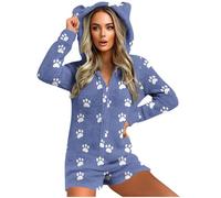GMQWRK Pyjama à capuche en polaire pour femme - Avec oreilles d'ours - Avec fermeture éclair intégrale - Avec poches - Doux et confortable - Manches longues - Tenue de détente, Style 05_bleu, S