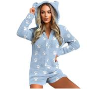 GMQWRK Pyjama à capuche en polaire pour femme - Avec oreilles d'ours - Avec fermeture éclair intégrale - Avec poches - Doux et confortable - Manches longues - Tenue de détente, Style 05_bleu clair, S