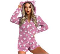 GMQWRK Pyjama à capuche en polaire pour femme - Avec oreilles d'ours - Avec fermeture éclair intégrale - Avec poches - Doux et confortable - Manches longues - Tenue de détente, Style 02_Rose vif, S