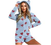 GMQWRK Pyjama à capuche en polaire pour femme - Avec oreilles d'ours - Avec fermeture éclair intégrale - Avec poches - Doux et confortable - Manches longues - Tenue de détente, Style 03_Bleu clair, S
