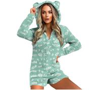GMQWRK Pyjama à capuche en polaire pour femme - Avec oreilles d'ours - Avec fermeture éclair intégrale - Avec poches - Doux et confortable - Manches longues - Tenue de détente, Style 06_vert, S