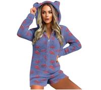 GMQWRK Pyjama à capuche en polaire pour femme - Avec oreilles d'ours - Avec fermeture éclair intégrale - Avec poches - Doux et confortable - Manches longues - Tenue de détente, Style 04_bleu, S