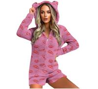 GMQWRK Pyjama à capuche en polaire pour femme - Avec oreilles d'ours - Avec fermeture éclair intégrale - Avec poches - Doux et confortable - Manches longues - Tenue de détente, Style 04_rose vif, S