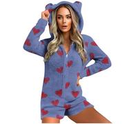 GMQWRK Pyjama à capuche en polaire pour femme - Avec oreilles d'ours - Avec fermeture éclair intégrale - Avec poches - Doux et confortable - Manches longues - Tenue de détente, Style 03_bleu, S