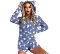 GMQWRK Pyjama à capuche en polaire pour femme - Avec oreilles d'ours - Avec fermeture éclair intégrale - Avec poches - Doux et confortable - Manches longues - Tenue de détente, Style 02_bleu, S