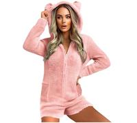 GMQWRK Pyjama à capuche en polaire pour femme - Avec oreilles d'ours - Avec fermeture éclair intégrale - Avec poches - Doux et confortable - Manches longues - Tenue de détente, Style 01_rose, S