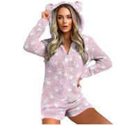 GMQWRK Pyjama à capuche en polaire pour femme - Avec oreilles d'ours - Avec fermeture éclair intégrale - Avec poches - Doux et confortable - Manches longues - Tenue de détente, Style 02_rose, S