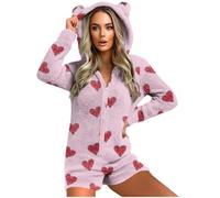 GMQWRK Pyjama à capuche en polaire pour femme - Avec oreilles d'ours - Avec fermeture éclair intégrale - Avec poches - Doux et confortable - Manches longues - Tenue de détente, Style 03_rose, S