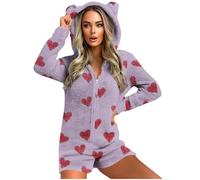 GMQWRK Pyjama à capuche en polaire pour femme - Avec oreilles d'ours - Avec fermeture éclair intégrale - Avec poches - Doux et confortable - Manches longues - Tenue de détente, Style 03_violet, S