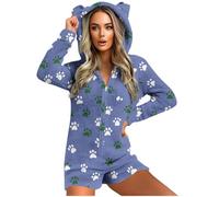 GMQWRK Pyjama à capuche en polaire pour femme - Avec oreilles d'ours - Avec fermeture éclair intégrale - Avec poches - Doux et confortable - Manches longues - Tenue de détente, Style 07_bleu, S