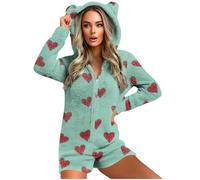 GMQWRK Pyjama à capuche en polaire pour femme - Avec oreilles d'ours - Avec fermeture éclair intégrale - Avec poches - Doux et confortable - Manches longues - Tenue de détente, Style 03_vert, S
