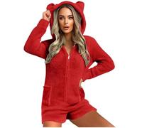 GMQWRK Pyjama à capuche en polaire pour femme - Avec oreilles d'ours - Avec fermeture éclair intégrale - Avec poches - Doux et confortable - Manches longues - Tenue de détente, Style 01_rouge, S