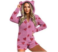 GMQWRK Pyjama à capuche en polaire pour femme - Avec oreilles d'ours - Avec fermeture éclair intégrale - Avec poches - Doux et confortable - Manches longues - Tenue de détente, Style 03_Rose vif, S