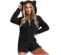 GMQWRK Pyjama à capuche en polaire pour femme - Avec oreilles d'ours - Avec fermeture éclair intégrale - Avec poches - Doux et confortable - Manches longues - Tenue de détente, Style 01_noir, S