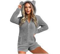 GMQWRK Pyjama à capuche en polaire pour femme - Avec oreilles d'ours - Avec fermeture éclair intégrale - Avec poches - Doux et confortable - Manches longues - Tenue de détente, Style 01_gris, S