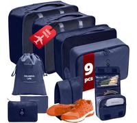 GMR Lot de 9 cubes de rangement, sacs à vêtements, cubes d'emballage, sacs de rangement pour vacances et voyages, organiseur de valise, système de rangement pour valises (bleu, 9 pièces)