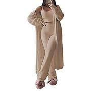 GMRZ Ensemble De Pyjama Flou pour Femme, Survêtement Sexy en Molleton 3 Pièces Cardigan Doux Ouvert sur Le Devant Et Pantalon À Jambes Larges Ensembles De Salon,Apricot 3 Piece,M