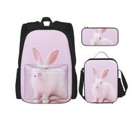 GMSGHJHDR Joli sac d'école, trousse à crayons et sac à déjeuner, sac à dos de voyage léger, sac à dos primaire pour enfants, adolescents, filles, garçons, étudiants, Joli lapin blanc., Taille unique