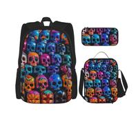 GMSGHJHDR Joli sac d'école, trousse à crayons et sac à déjeuner, sac à dos de voyage léger, sac à dos primaire pour enfants, adolescents, filles, garçons, étudiants, crâne, Taille unique, Ensemble