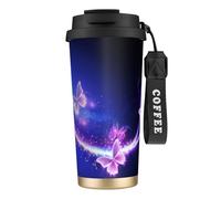 GMSGHJHDR Lovely Purple Butterfly Print Tasse à café de voyage de 473 ml, gobelet étanche en acier inoxydable 316 avec couvercle et paille, boissons chaudes et froides pour bureau, fête, camping